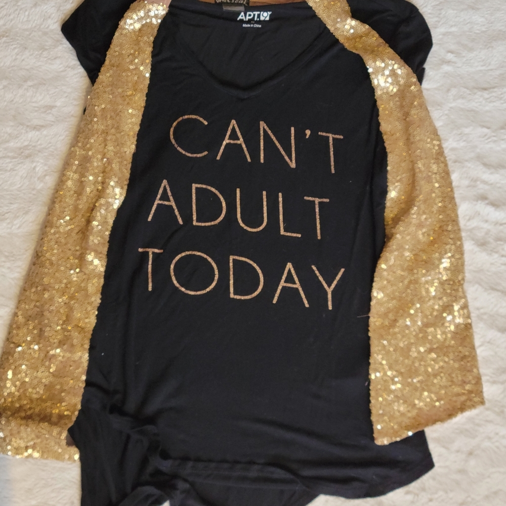 Black Tee with Rose Gold Lettering "I Can't Adult Today" + gold sequined vest